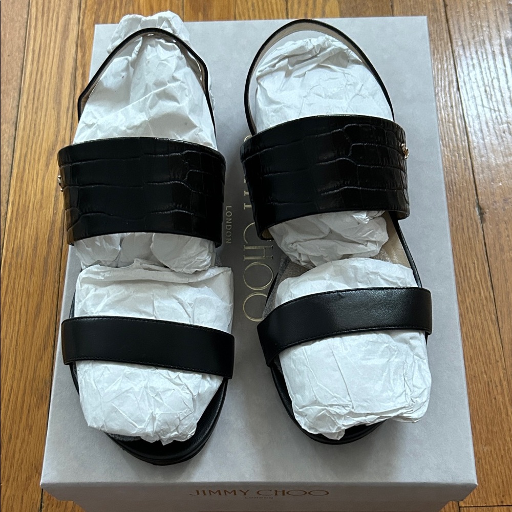 JIMMY CHOO Black Leather Seia Flat Sandals - Picture 5 of 7